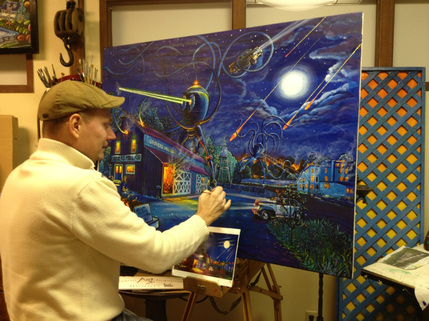 Grovers Mill, artist Robert hummel, Battle at Grovers mill, Orson welles broadcast, War of the worlds broadcast. Princeton Paintings and art, Grovers Mill coffee, Princeton painter. Princeton art gallery